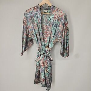 Inner Most Vintage Floral Paisley Satin Robe Small Multicolor Kimono Style 57851